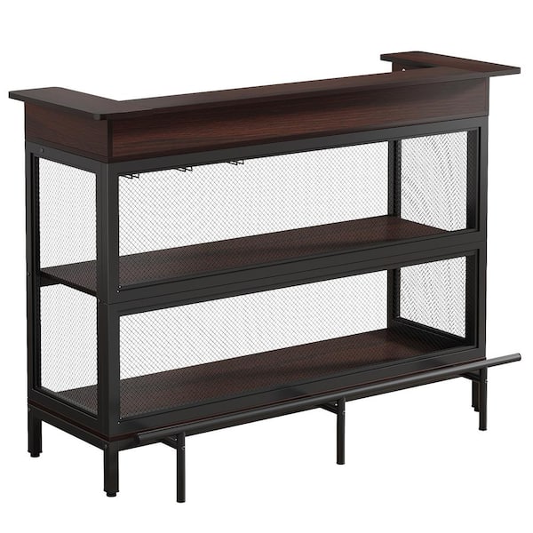 Tribesigns Bryan Cherry and Black Bar Table Liquor Cabinet for Home Bar with 3-Tier Storage Shelves and Glasses Holders, Footrail