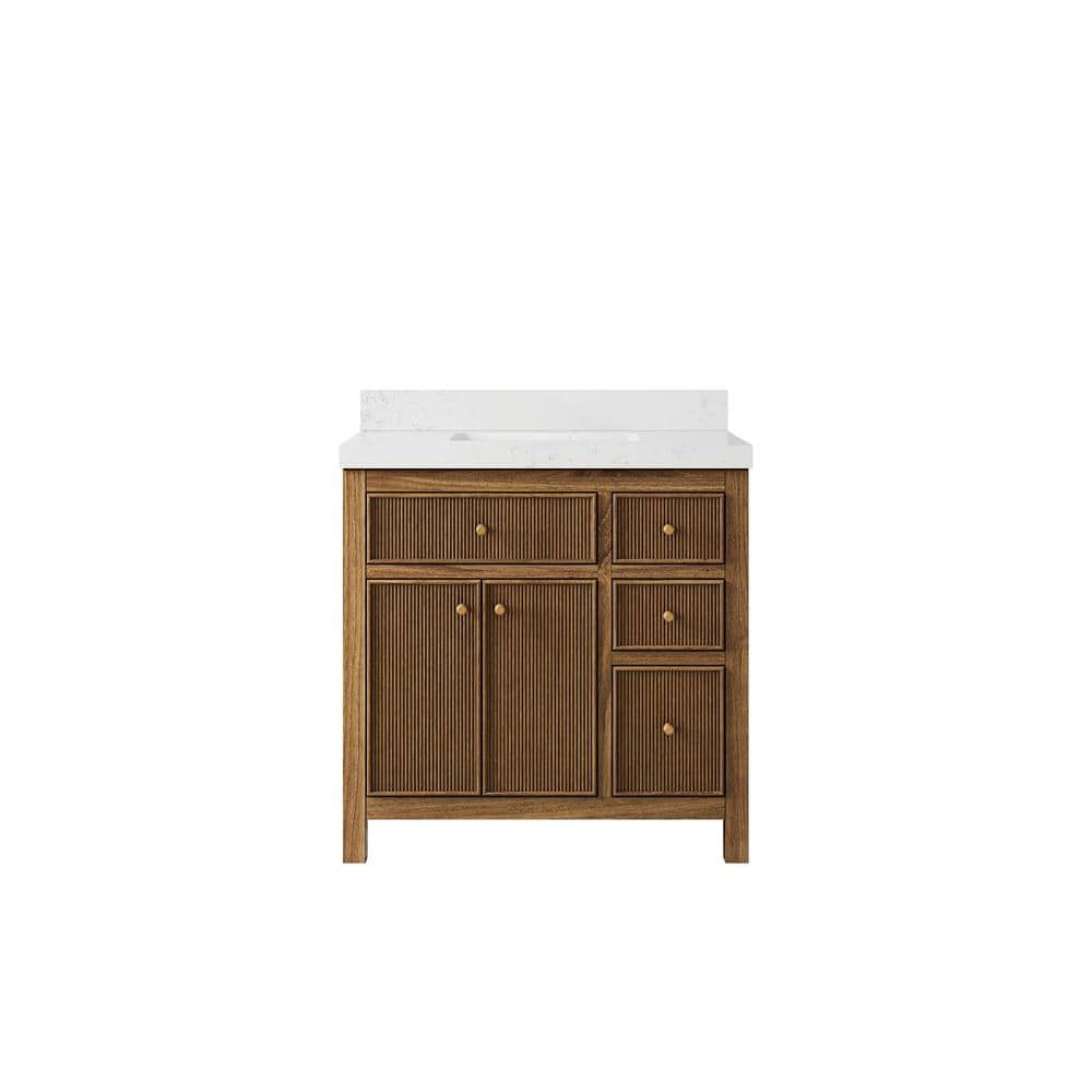 36'' Teak and Quartz Single Bathroom Vanity with Brass Knobs
