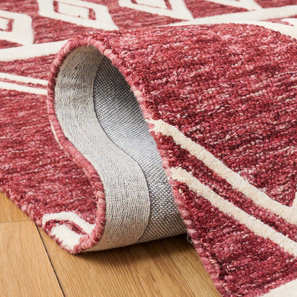 Handmade Red and Ivory Wool Abstract Round Rug, 6' x 6'