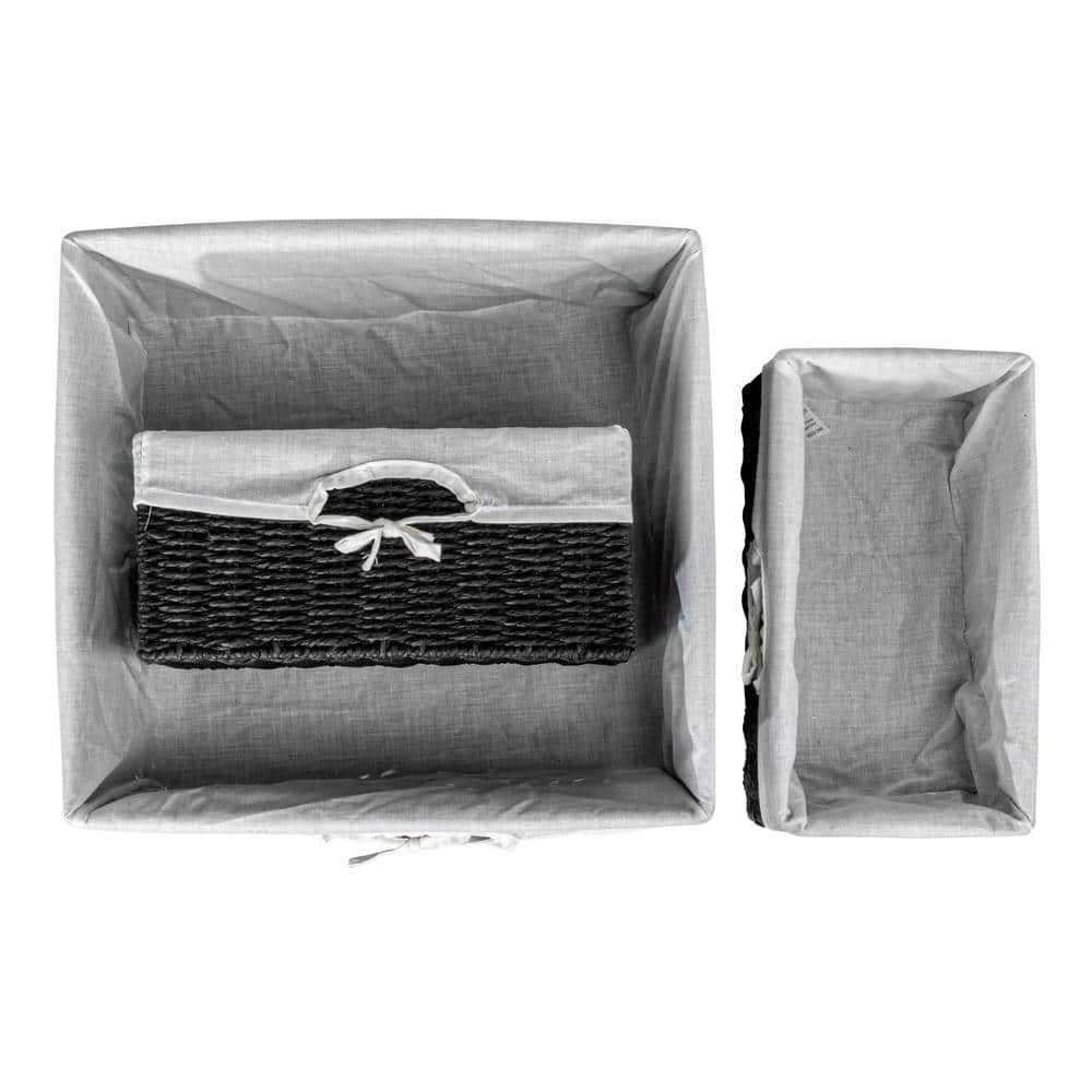 Black Wicker Rectangular Storage Basket Set with Liners