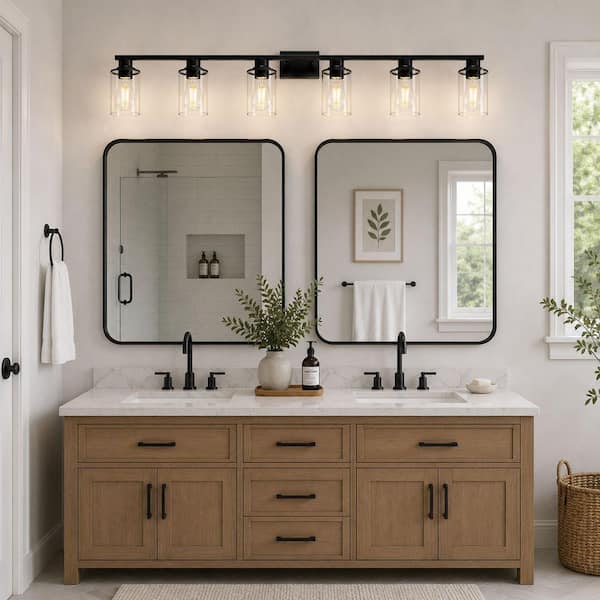 40 in. 6-Light Black Metal Dimmable Vanity Light with Clear Cylinder Glass Shades for Bathroom Vanity Light or mirror