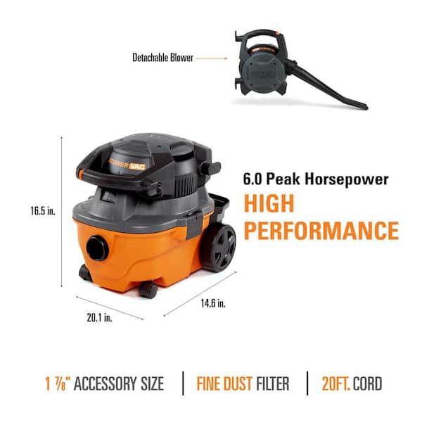 4 Gal. 6.0 Peak HP Shop Vacuum WD4080 Wet Dry Vac with Detachable Blower, Fine Dust Filter, Hose and Accessories