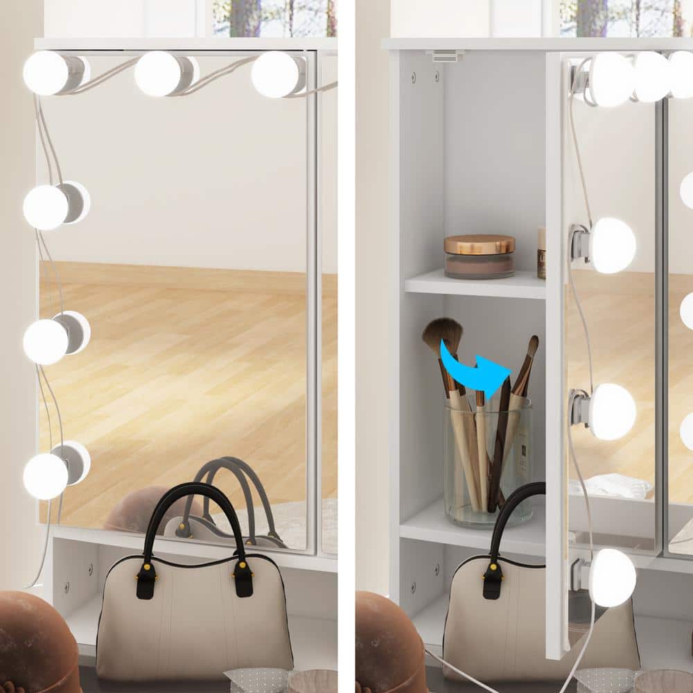 White Makeup Vanity Desk 9 Drawers Wood Dressing Table With 3 LED Bulb Light Mirrors, Glass Top, Hidden Storage Shelves - thumbnail 8