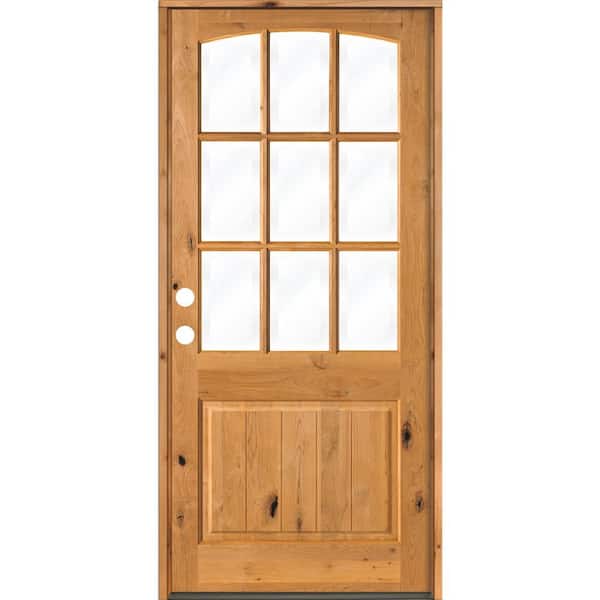Krosswood Doors 32 in. x 96 in. Knotty Alder Right-Hand/Inswing 9-Lite Arch Top V-Panel Clear Glass Clear Stain Wood Prehung Front Door