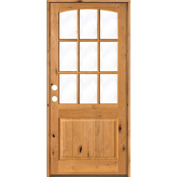 Krosswood Doors 42 in. x 96 in. Knotty Alder Right-Hand/Inswing 9-Lite Arch Top V-Panel Clear Glass Clear Stain Wood Prehung Front Door