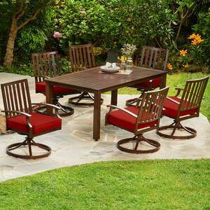 Bridgeport 7-Piece Aluminum Motion Outdoor Dining Set with Red Cushions