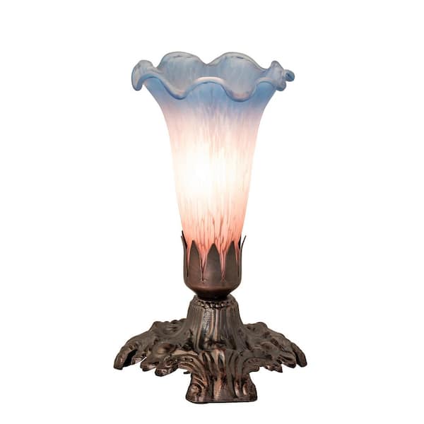 Pond Lily 7 in. Mahogany Bronze Novelty Victorian Mini Table Lamp with Pink and Blue Glass Shade
