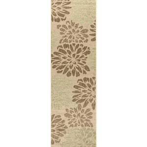 Zinnia Modern Sage/Brown 2 ft. x 10 ft. Floral Textured Weave Indoor/Outdoor Runner Rug