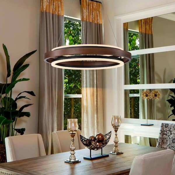 23.62 in. 2-light Black and Wood Ring Tiered Dimmable Integrated LED Chandelier for Kitchen Island