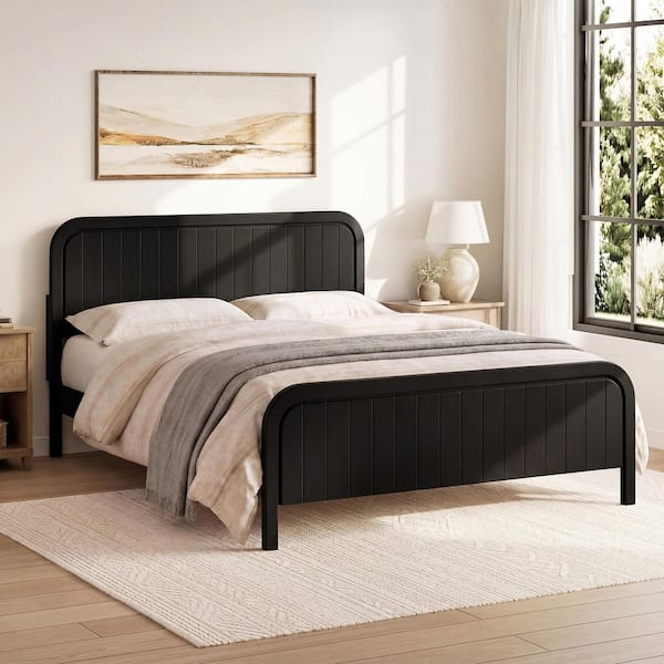 Black Modern Wood Frame Queen Platform Bed with Vertical Slat Curved Headboard and Footboard, Easy Assembly