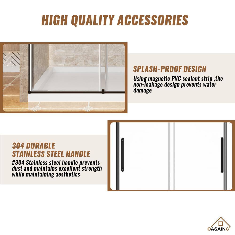 60" x 76" Frameless Black Sliding Shower Door with Tempered Glass