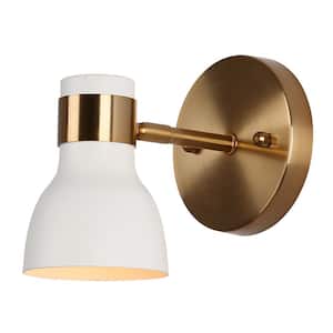 Suddly 1-Light Modern Brass Gold Indoor Wall Sconce, 4.7 in. Industrial Vanity Light with White Metal Shade for Bedroom