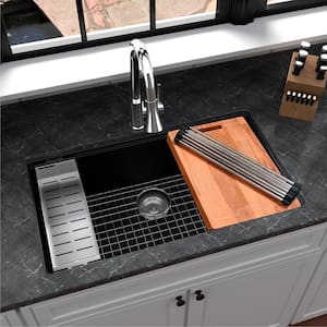 QUWS- 875 Quartz 32.5 in. Single Bowl Undermount Workstation Kitchen Sink in Black