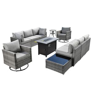 Messi Gray 11-Piece Wicker Patio Conversation Sectional Sofa Fire Pit Set with Swivel Chairs and Dark Gray Cushions