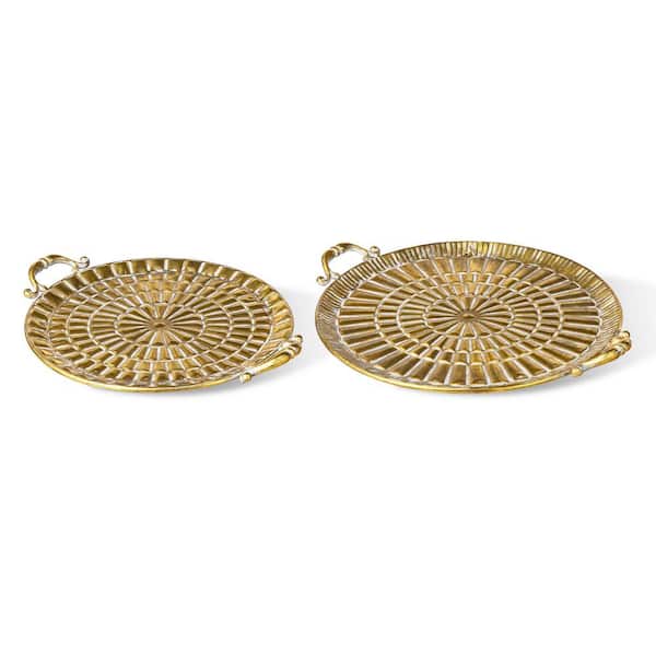 Glitzhome Round Metal Gold Embossed Decorative Trays with Handles（Set of 2）