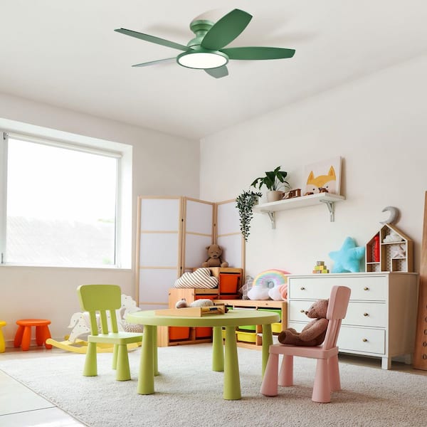 42 in. Integrated LED Green Natural Woodgrain Low Profile Flush Mount Modern Standard Ceiling Fan with Light and Remote
