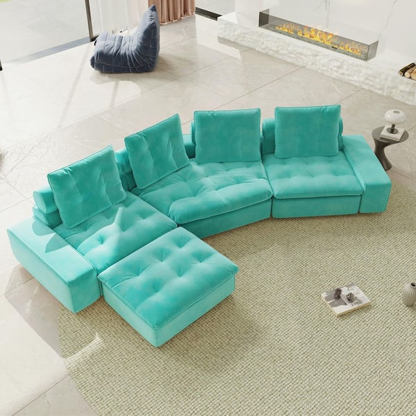 Magic Home Modern Oversized 162 in. Square Arm Deep Seat Velvet Cloud Couch Modular Sectional Sofa with Ottoman in Tiffany Blue