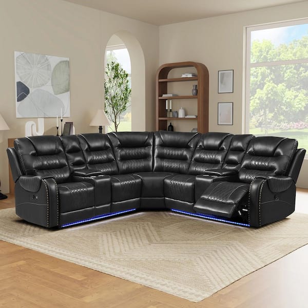 Nestfair 113.5 in. PU Leather L-Shaped Sectional Sofa in Black with Storage Boxes and 4 Cup Holders