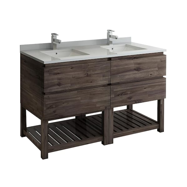 Fresca Formosa 60 in. Double Vanity with Open Bottom in Warm Gray with Quartz Stone Vanity Top in White with White Basins