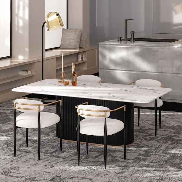 Morden Fort Modern 5-Piece Faux Marble Dining Table Top with Boucle Chairs in White Dining Room Set for Kitchen