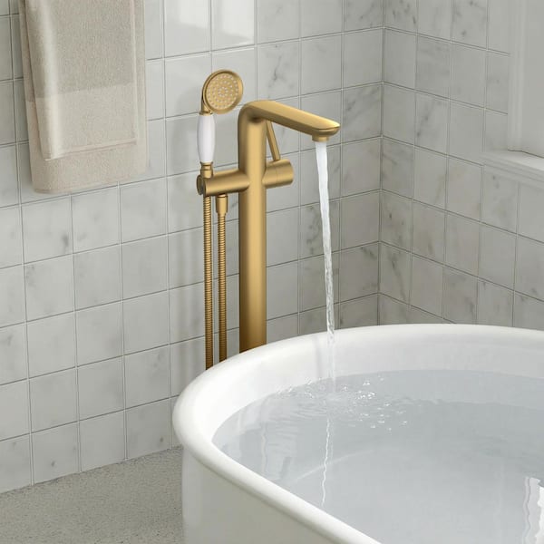 Single Handle Floor Mounted Free Standing Claw Foot Tub Faucets with Handheld Shower in Brushed Gold Valve Included