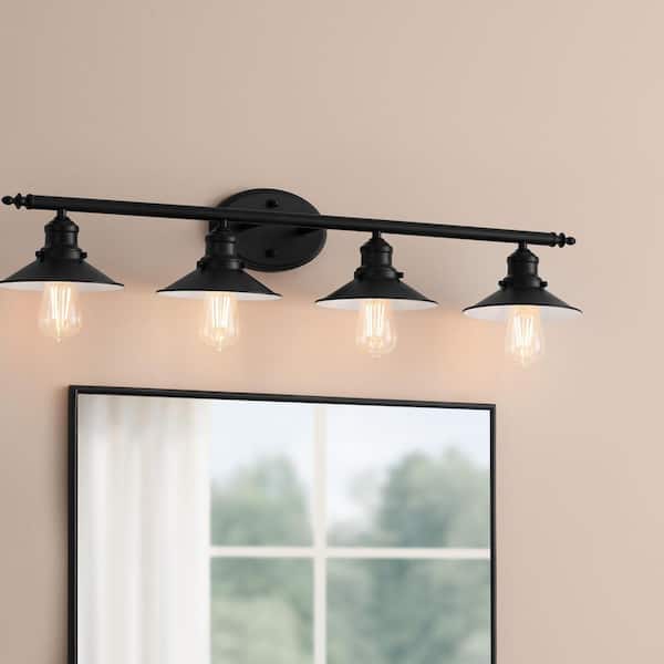Hampton Bay Glenhurst 34 in. 4-Light Industrial Farmhouse Black Bathroom Vanity Light Fixture with Metal Shades