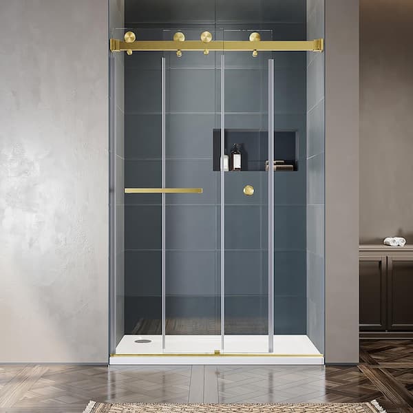 UKD01 46 to 49 in. W x 76 in. H Double Sliding Frameless Shower Door in Satin Brass, EnduroShield 3/8 in. Clear Glass