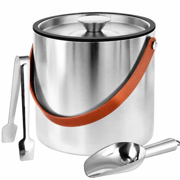 Silver Stainless Steel 1 Bottle Insulated 3L Ice Bucket with Lid, Scoop, Tong, Strainer and Leather Handle