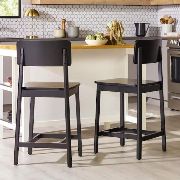 Modern 24 in. Black Low Back Solid Wood Counter Stool with MDF Seat, Set of 2