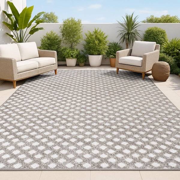 Rabat High-Low Pile Mini-Diamond Trellis Dark Gray/Ivory 8 ft. x 10 ft. Indoor/Outdoor Area Rug