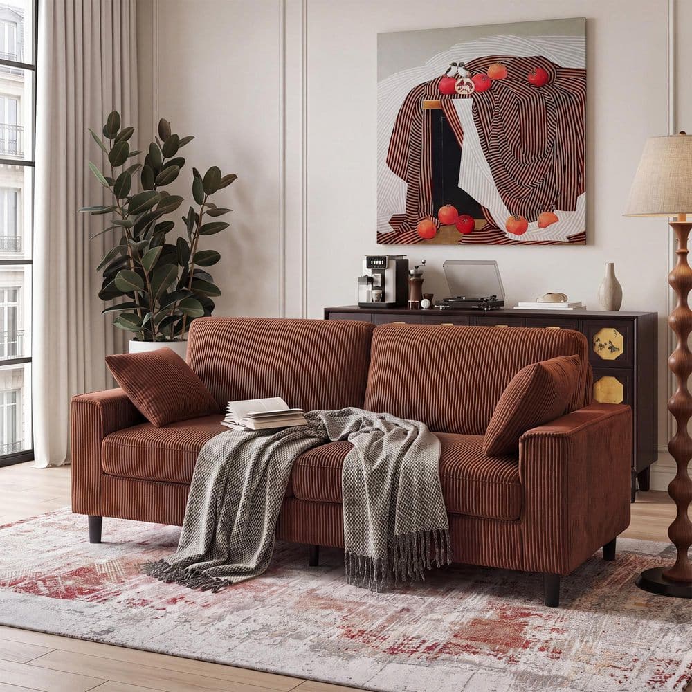81.8 Corduroy Fabric 2-Seater Loveseat Sofa in Orange with Sturdy Iron, Wood Frame and Square Armrests