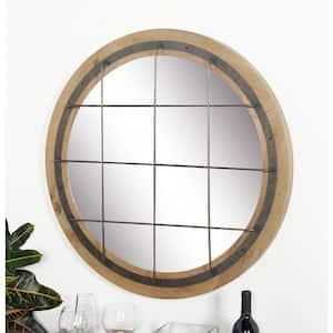 31 in. x 31 in. Round Framed Brown Wall Mirror with Grid