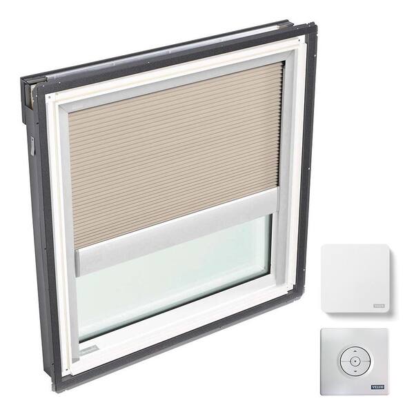 VELUX 22.5 in. x 22.94 in. Fixed Deck-Mount Skylight, Laminated LowE3 Glass, Classic Sand Solar Powered Light Filtering Blind
