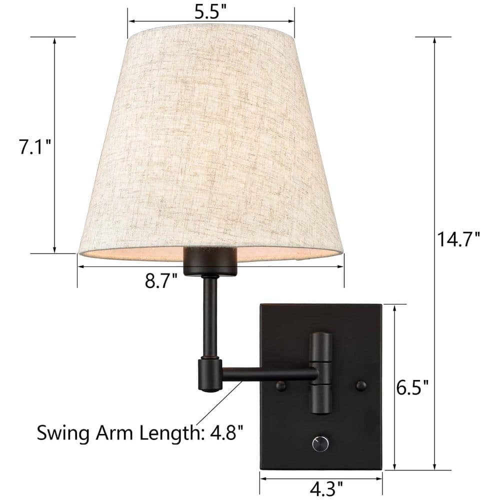 Black Swing Arm Wall Sconce with Beige Fabric Shade