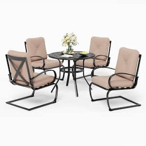5-Piece Metal Patio Outdoor Dining Set with Round Slat Table and C-Spring Chair with Beige Cushions