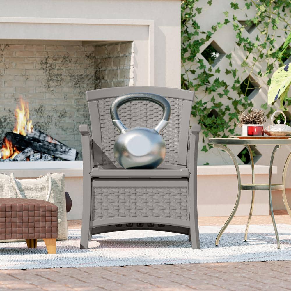 Dove Gray Wicker-Style Plastic Outdoor Armchair with Storage