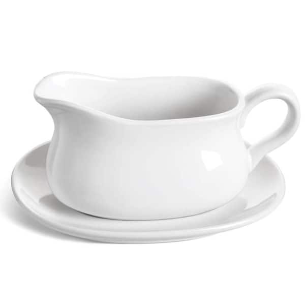 17 oz. Ceramic Gravy Boat with Saucer Stand for Salad Dressings, Creamer, Broth, Pottage, Black Pepper, Set of 1, White