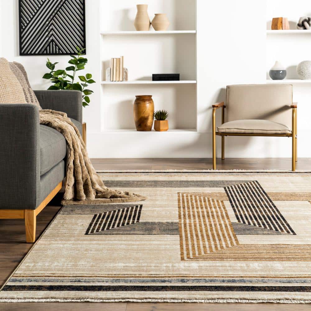Beige and Black Synthetic Rectangular Striped Area Rug, 8' 10" x 13'