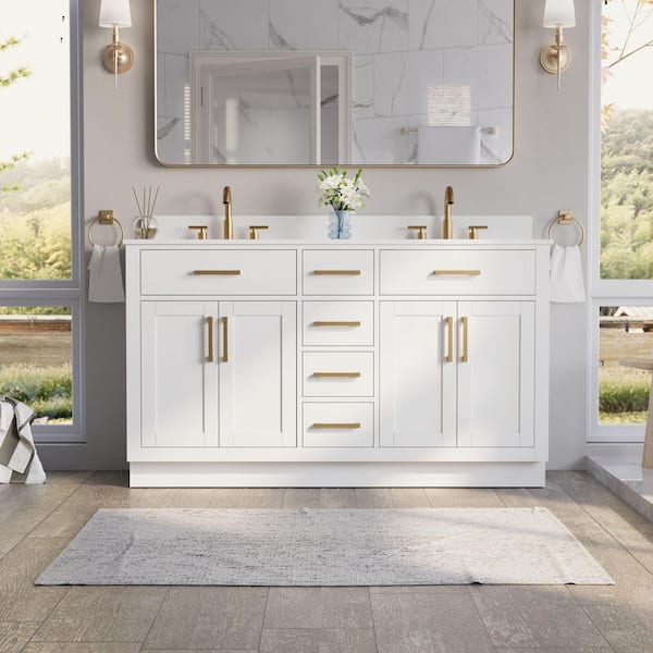 60 in. Double Sink Freestanding Solid Wood Bath Vanity in White with White Cultured Marble Top, Soft-Close, Assembled
