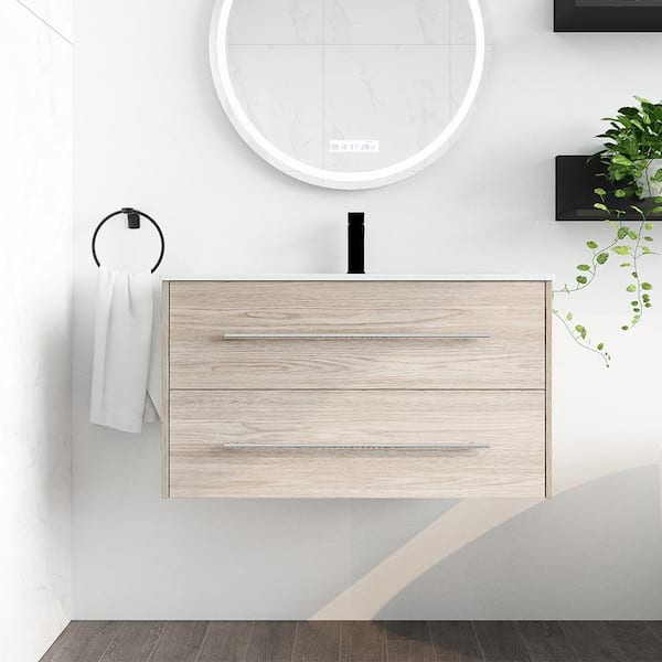MYCASS 35.60 in. W x 18.10 in. D x 20.20 in. H Floating Bath Vanity in White Oak with White Gel Top