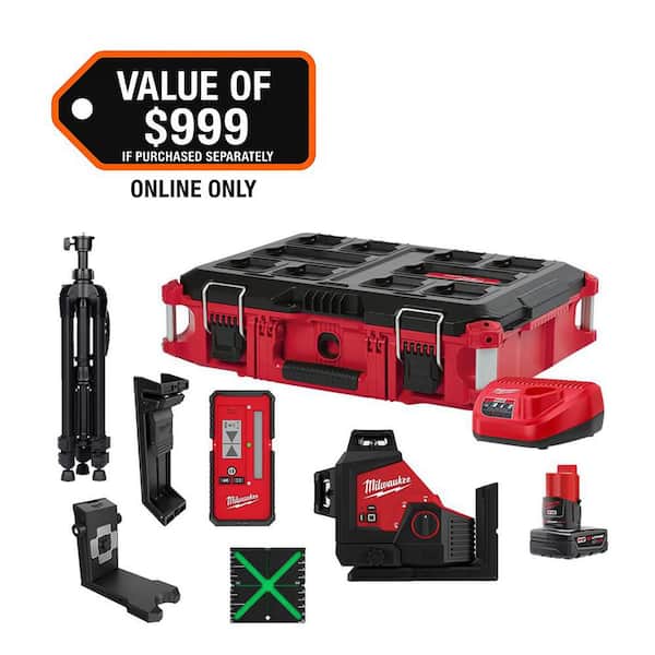 M12 12-Volt Lithium-ion Cordless Green 250 ft. 3-Plane Laser Level PACKOUT Kit