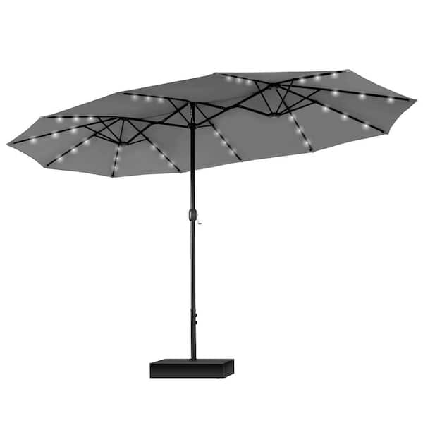 PHI VILLA 15 ft. Market Patio Umbrella With Lights Base and Sandbags in Gray