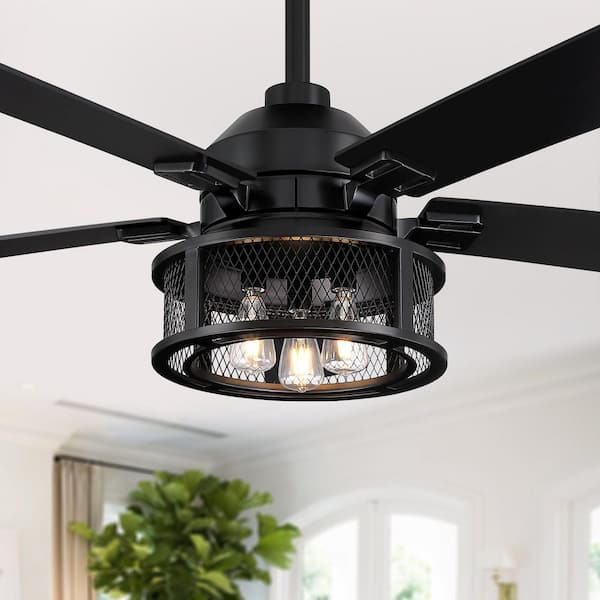 52 in. Indoor Industrial Mesh Metal Reversible Blades Black Ceiling Fan with Light Kit and Remote Control