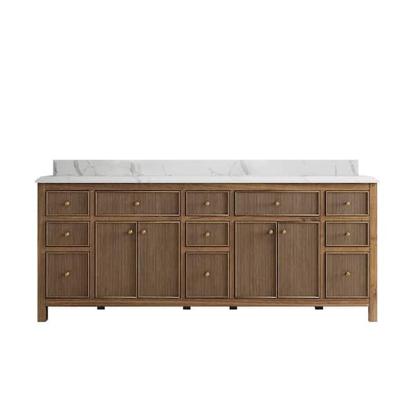 Willow Collections Sonoma Teak 84 in. W x 22 in. D x 36 in. H Double Sink Bath Vanity in Dark Teak with 1.5" Calacatta Quartz Top