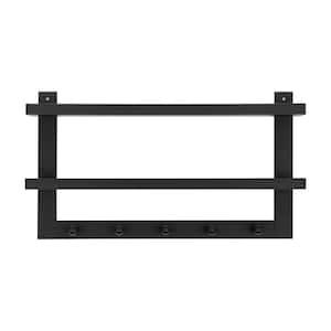 29 in. 2-Tier Black Ledge Wall Shelf Entryway or Bathroom Organizer with Five Hanging Coat or Towel Hooks