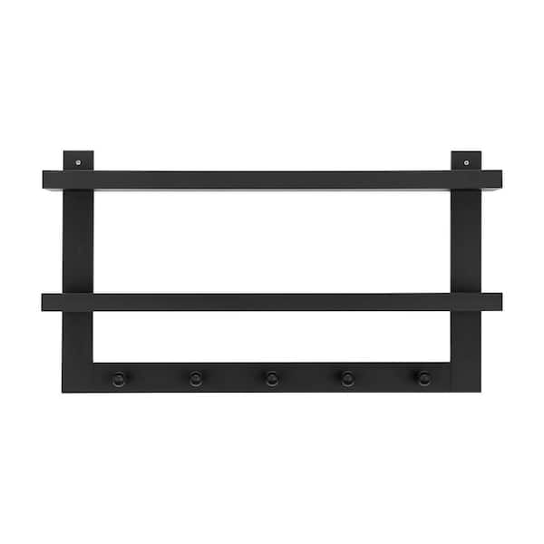 DANYA B 29 in. 2-Tier Black Ledge Wall Shelf Entryway or Bathroom Organizer with Five Hanging Coat or Towel Hooks