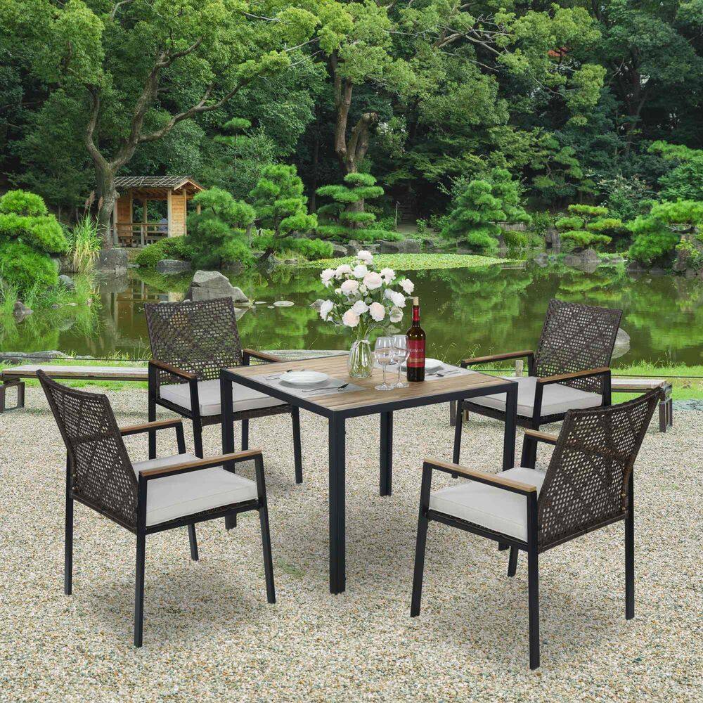 Avex Dark Brown 5-Piece Wood and Metal Patio Outdoor Dining Set with Umbrella Hole and White Cushions price history on PriceWatchPro
