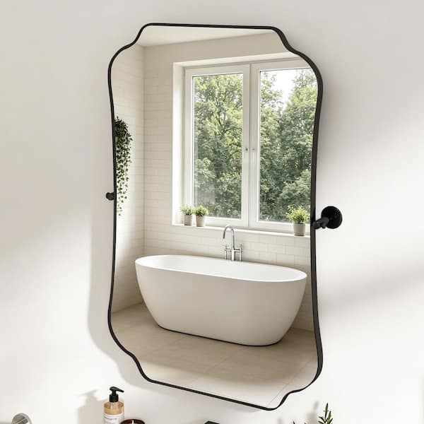 24 in. W x 36 in. H Specialty Wavy Framed Adjustable Tilt Wall Bathroom Vanity Mirror in Matte Black