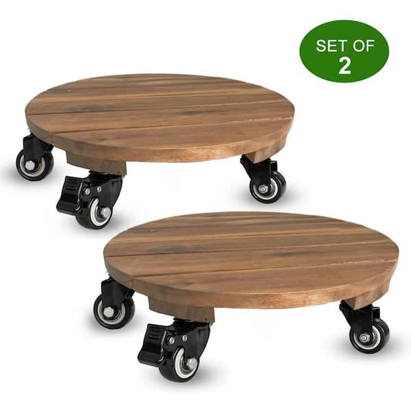 2-Pack 12 in. Round Plant Wood Caddy for Heavy Duty Plant Stand with 360° Lockable Wheels, Solid Acacia Wood, Brown