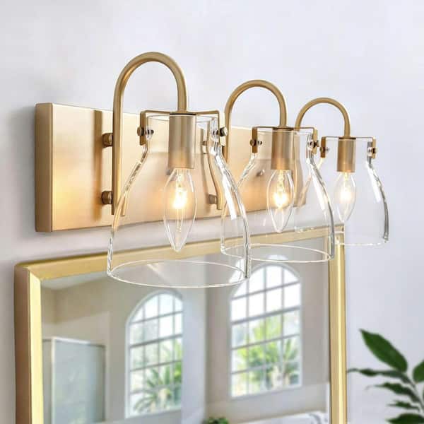 Modern 22 in. 3-Light Gold Bathroom Vanity Light with Bell Clear Glass Shades Powder Room Wall Light for Mirror